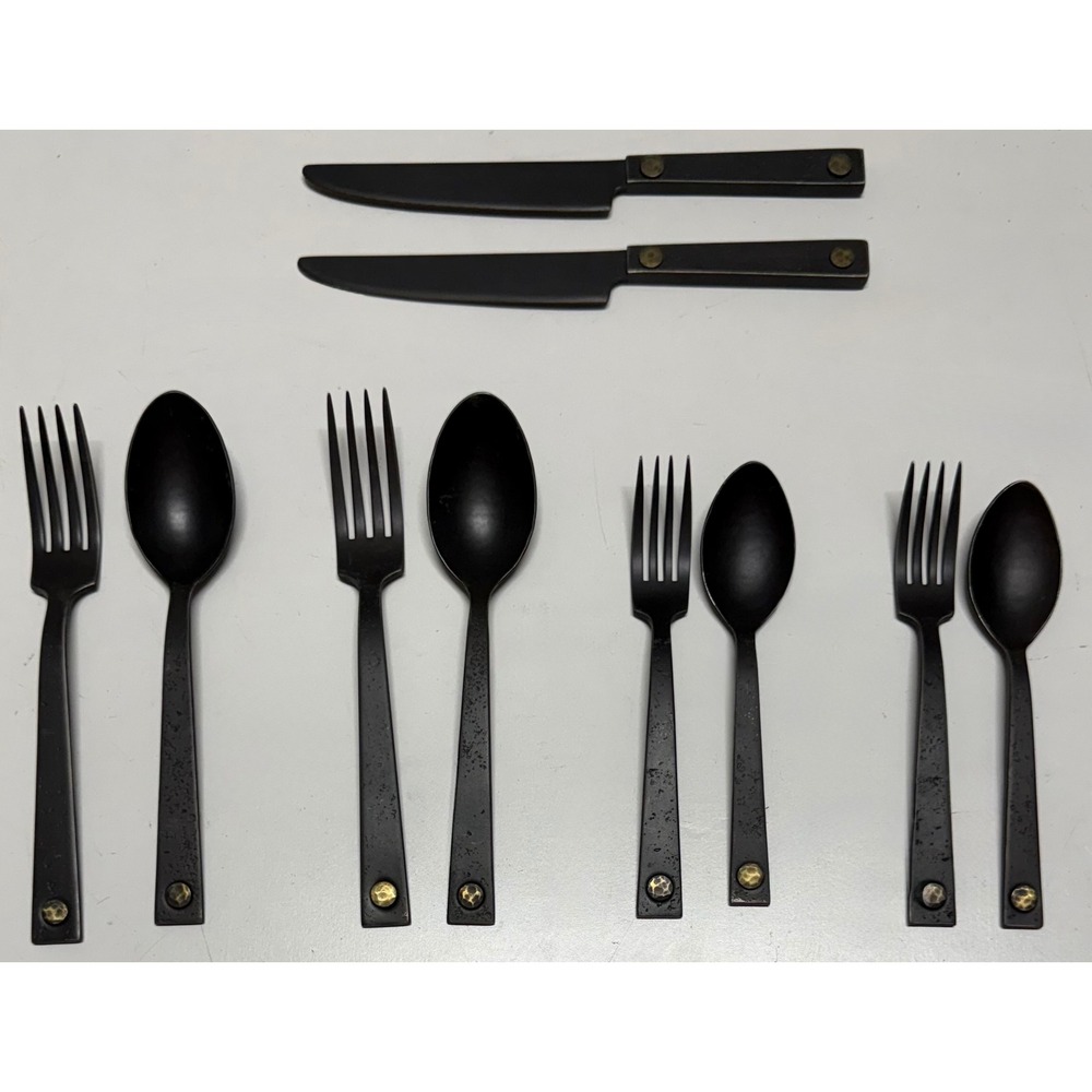 Restoration Hardware RH Blackened Stainless‎ Steel Riveted Flatware Set 10 Piece